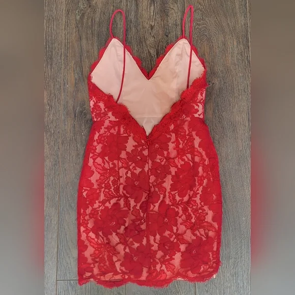 NBD (Revolve) fine lies red mini lined lace low back dress